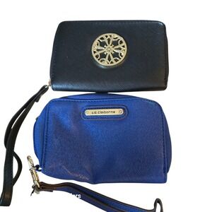 Liz Claiborne Black Wristlet Clutch Gold Emblem & Blue Coin Pouch‎ Set